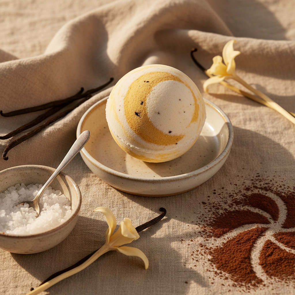 Vanilla Eclipse Bath Bomb in ceramic dish with epsom salts and cacao on linen cloth