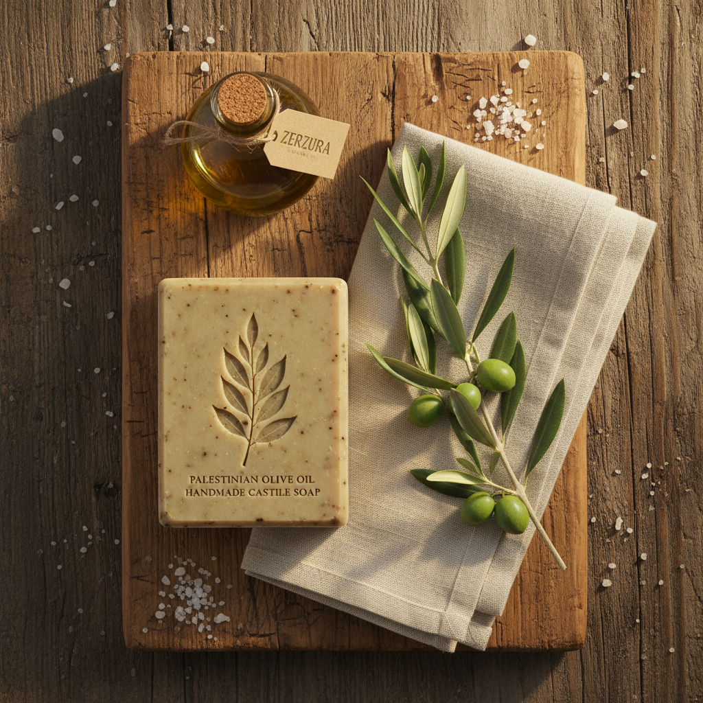 Artisan flat lay of Palestinian castile soap with olive branch, linen cloth and olive oil bottle