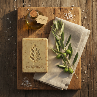 Artisan flat lay of Palestinian castile soap with olive branch, linen cloth and olive oil bottle