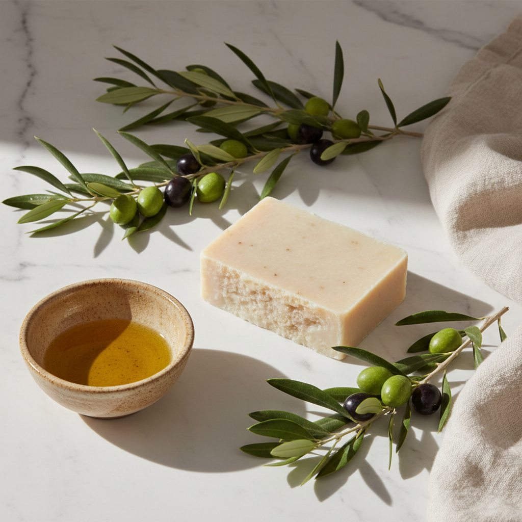 Palestinian Olive Oil Castile Soap on marble with fresh olive branch and golden olive oil