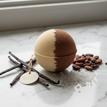 Vanilla Eclipse Bath Bomb on marble with vanilla pods, cacao nibs and epsom salt crystals