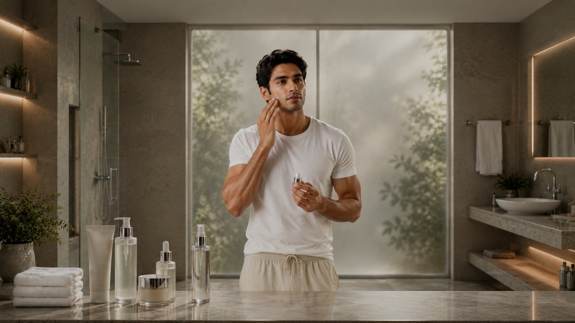 Man applying skincare product in front of a mirror in a bathroom.
