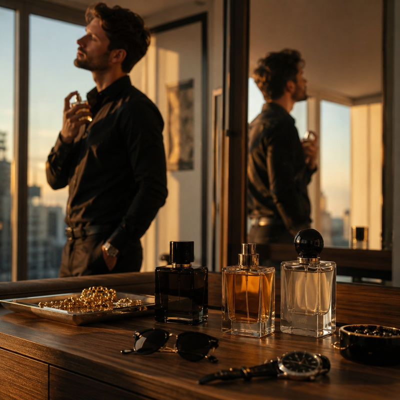 Man standing by a window with a cityscape view, holding a glass of whiskey, and a table with perfume bottles and jewelry.