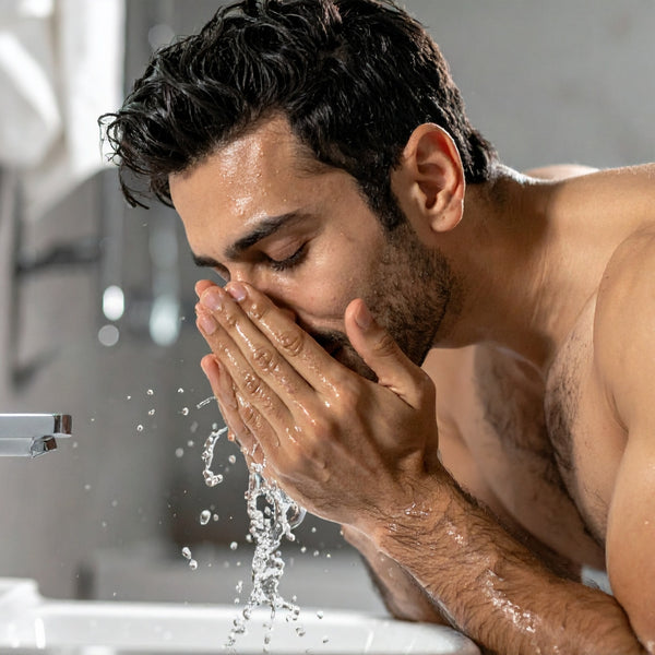 Man washing his face with water in a bathroom setting