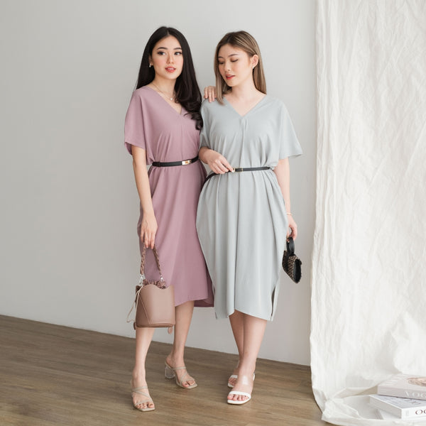 Two women wearing matching dresses standing side by side against a plain background.
