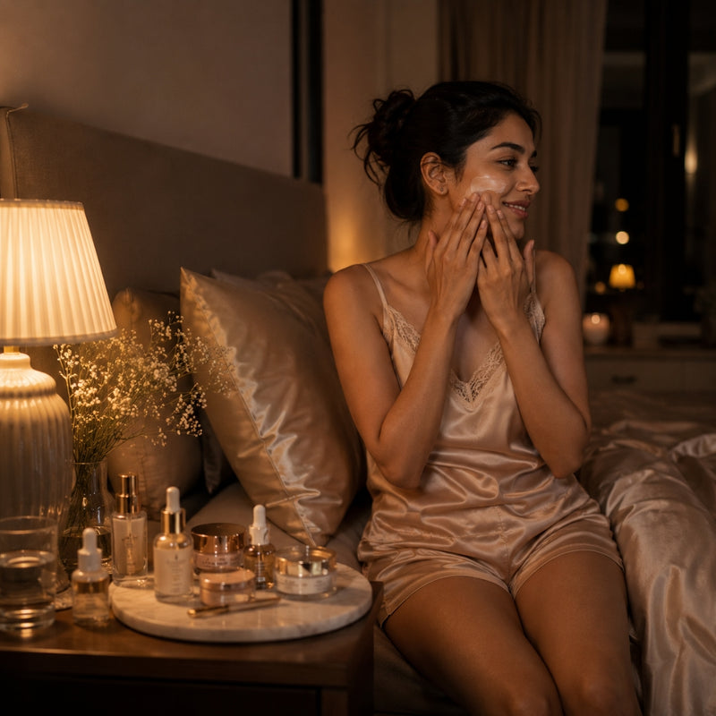 Woman applying cream to her face in a cozy bedroom setting with skincare products on a tray.
