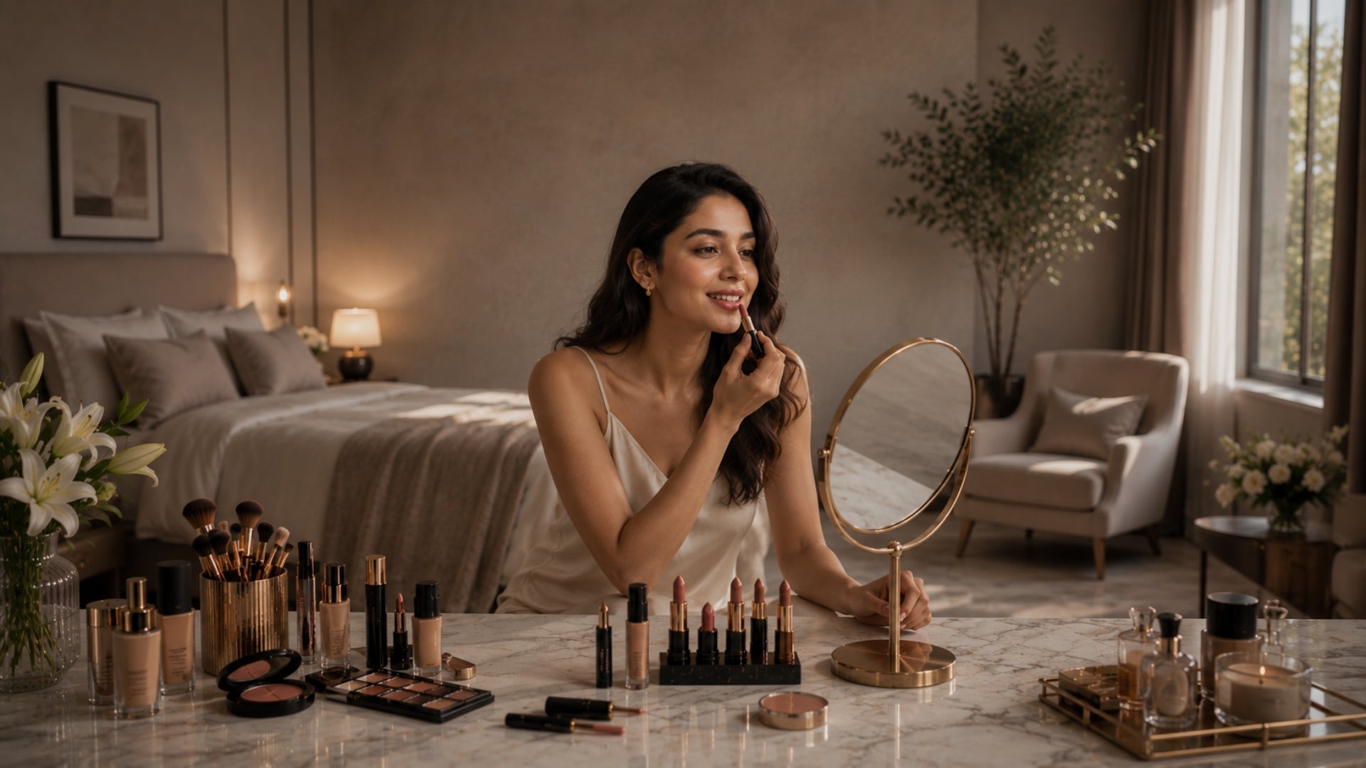 Woman applying makeup in front of a mirror in a bedroom setting.