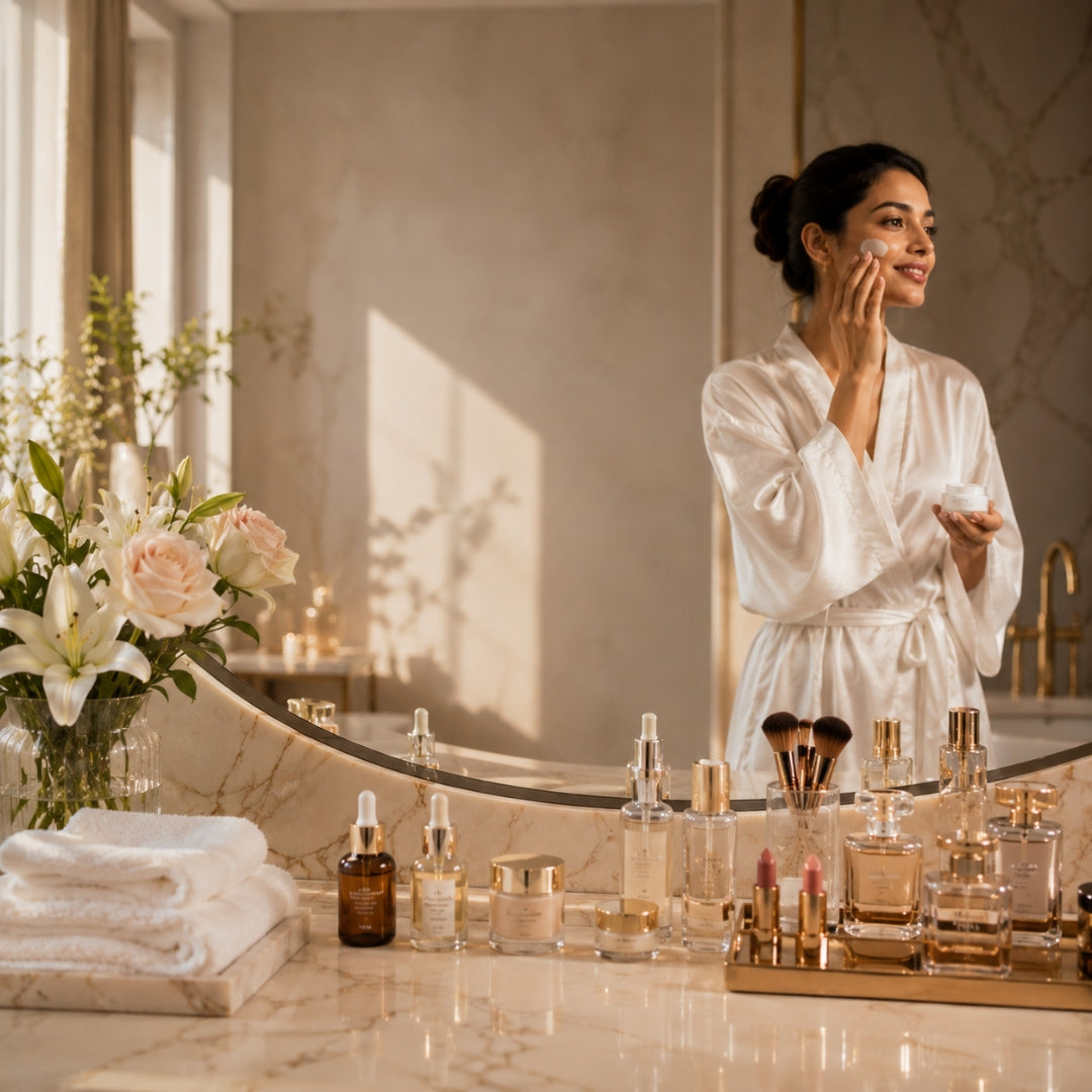 Woman applying skincare product in a bathroom with various skincare products on the counter.